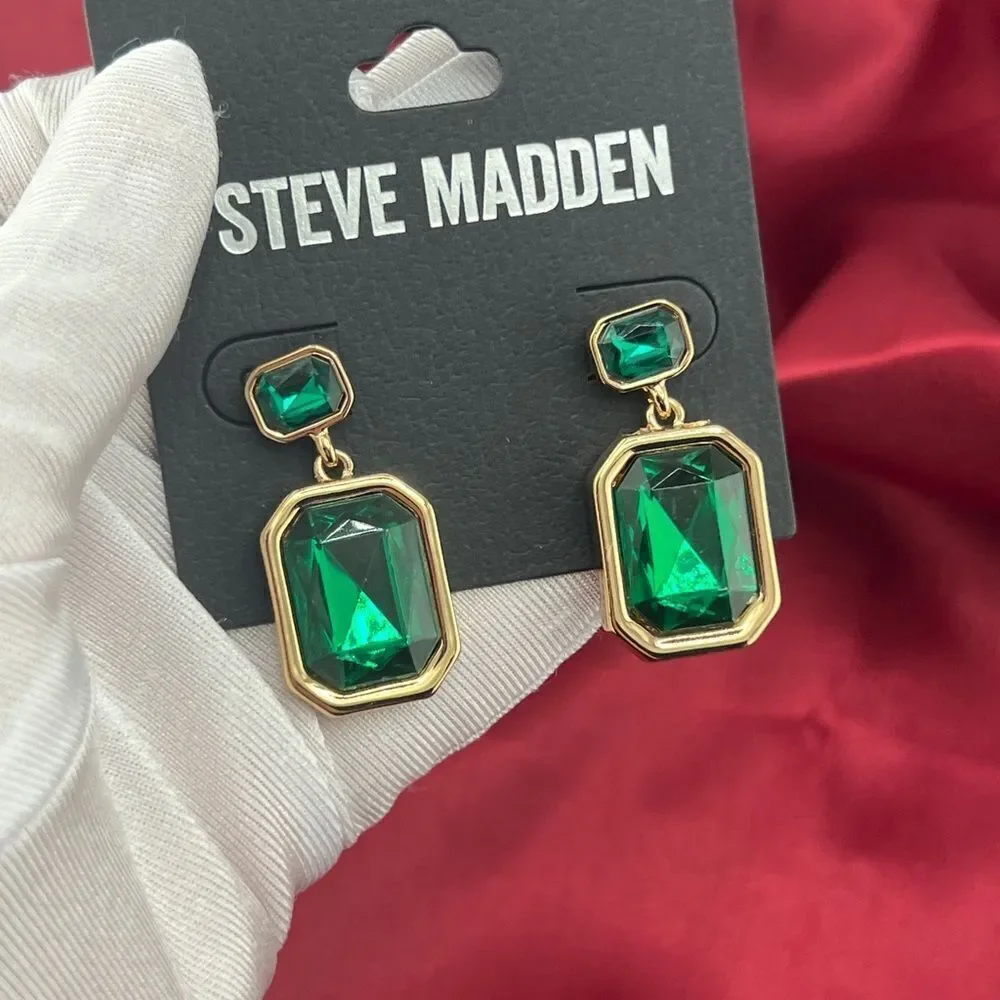 Steve Madden Gold-Tone Drop Earrings with Green Gemstones